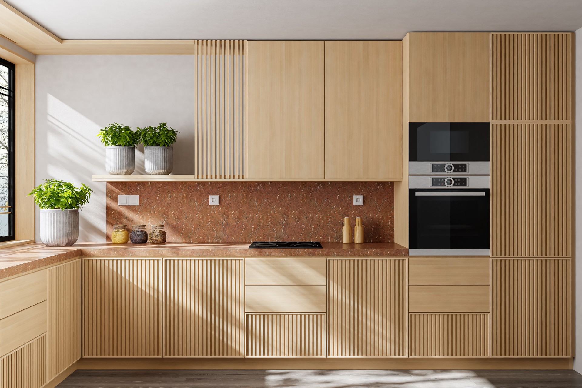 Scandinavian Country Kitchen with Pine Wood Cabinets and Open Layout